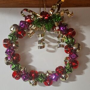 Red/Green/Purple/Gold Jingle Bells Christmas Wreath Metal, Vintage 12 inch
